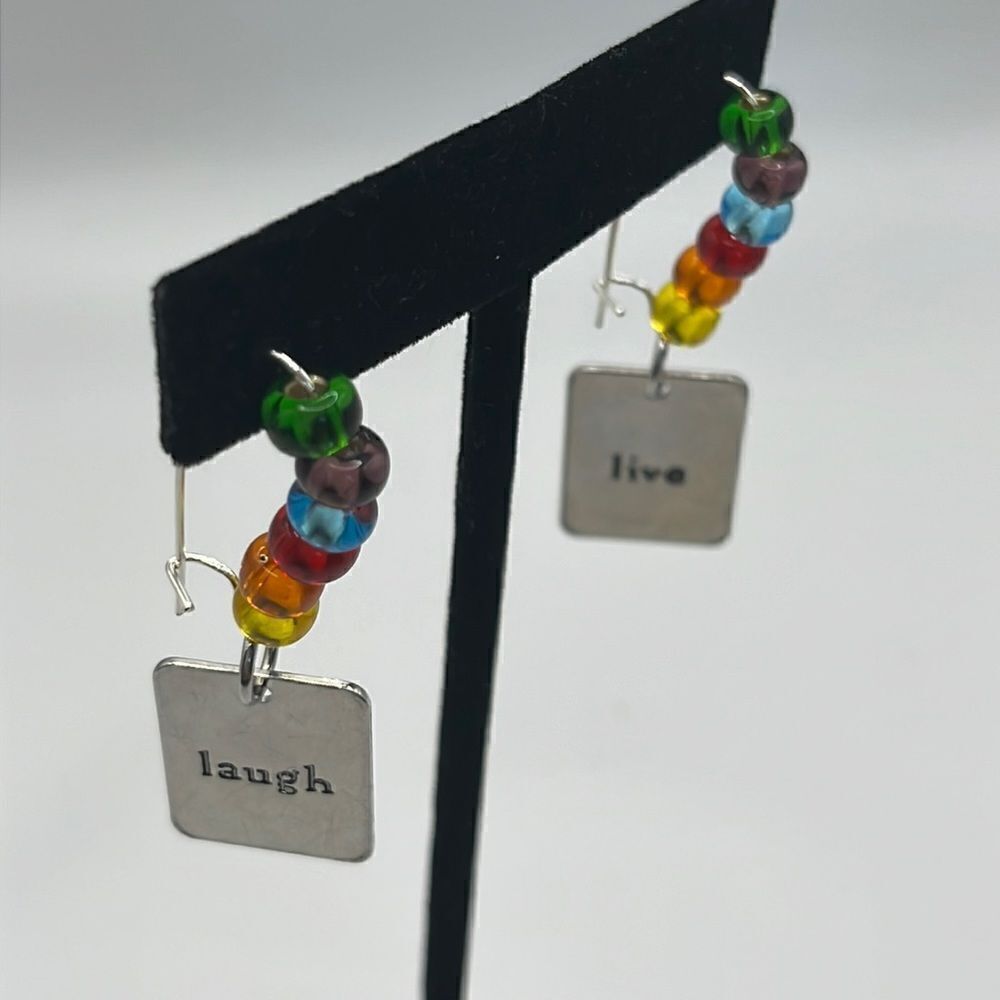 Silver-tone 1 7/8 Dangling Live Laugh Charm with Rainbow Beaded Earrings